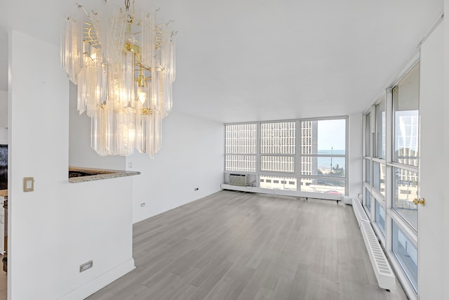 interior space with wood-type flooring, a wall of windows, and a baseboard radiator