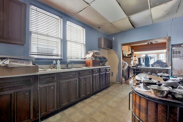 kitchen with a drop ceiling, sink, and dark brown cabinets