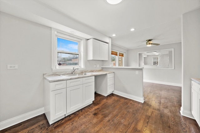 kitchen with a wealth of natural light, sink, white cabinets, and dark wood-type flooring