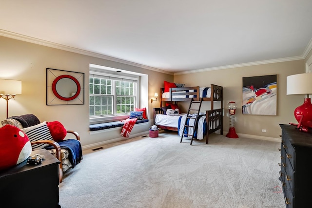 bedroom with light carpet and ornamental molding