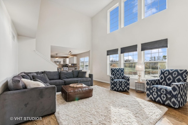 living room featuring wood-type flooring and a towering ceiling