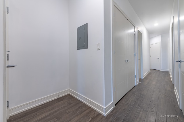 hallway featuring dark hardwood / wood-style floors and electric panel