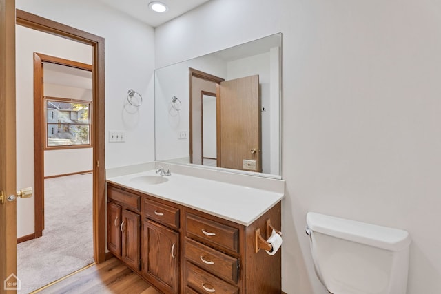 bathroom featuring toilet, vanity, and wood-type flooring