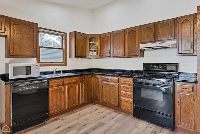 kitchen with light hardwood / wood-style flooring, black appliances, and sink