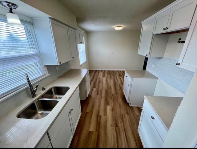 kitchen with decorative backsplash, hardwood / wood-style floors, hanging light fixtures, white cabinetry, and sink