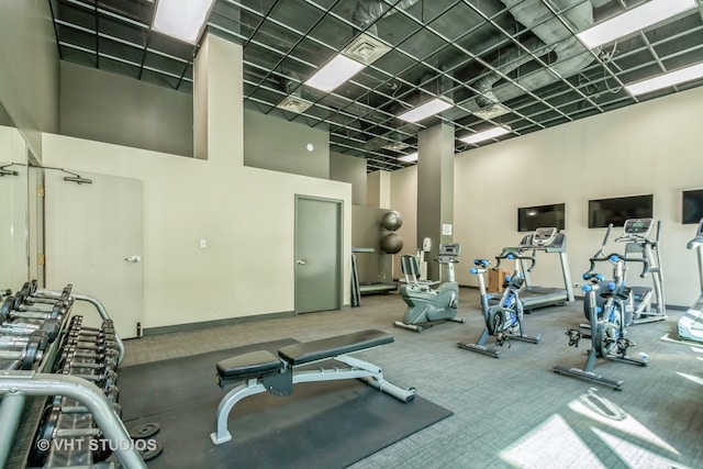 exercise room featuring a high ceiling