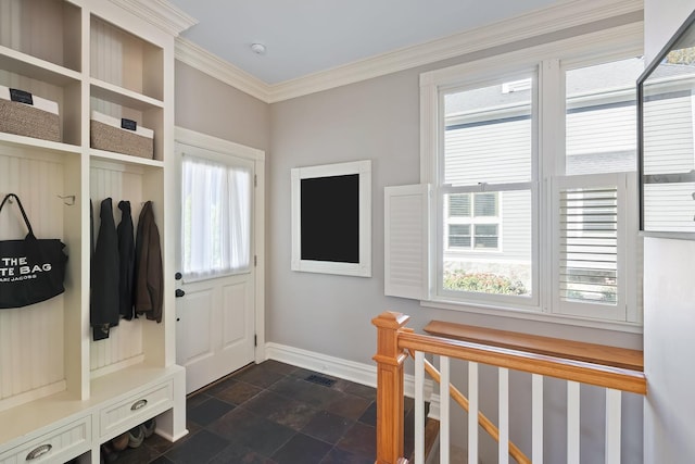 mudroom with a healthy amount of sunlight, stone finish floor, baseboards, and crown molding