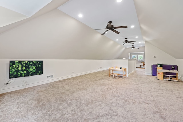 recreation room featuring carpet, recessed lighting, visible vents, vaulted ceiling, and baseboards