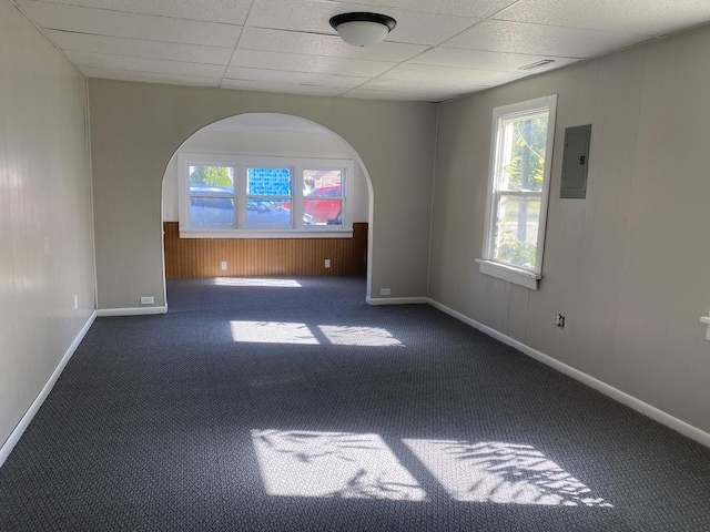 spare room featuring baseboards, dark carpet, a wealth of natural light, and electric panel