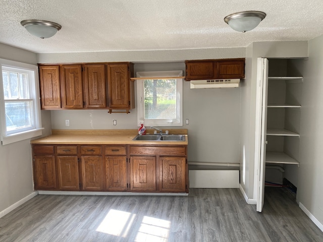 kitchen featuring a textured ceiling, sink, and hardwood / wood-style floors