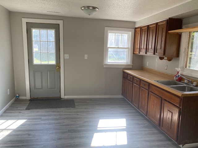 kitchen with a textured ceiling, sink, plenty of natural light, and light wood-type flooring