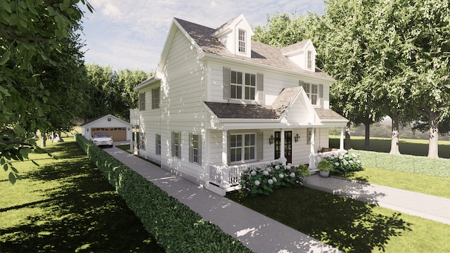 cape cod home featuring a garage, a front lawn, an outdoor structure, and a porch