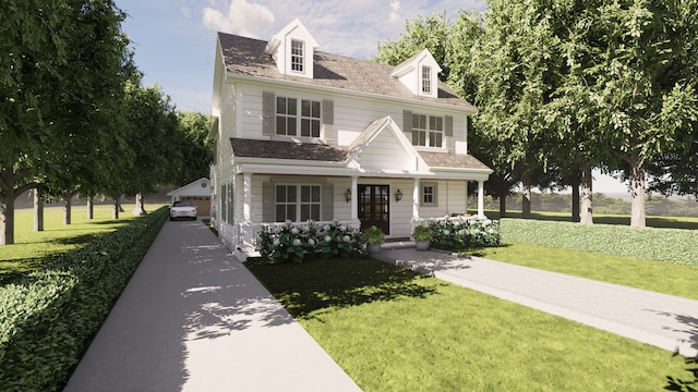 view of front of house with an outbuilding, a garage, a front lawn, and a porch