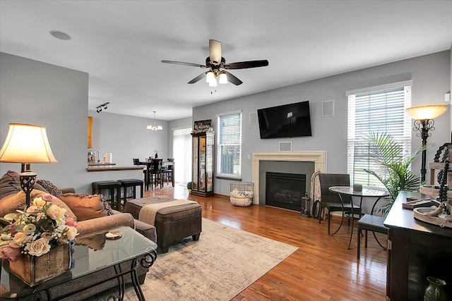 living room featuring wood-type flooring and ceiling fan with notable chandelier