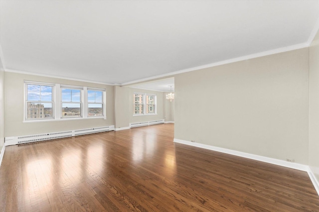 unfurnished room featuring crown molding, a baseboard radiator, and dark hardwood / wood-style floors