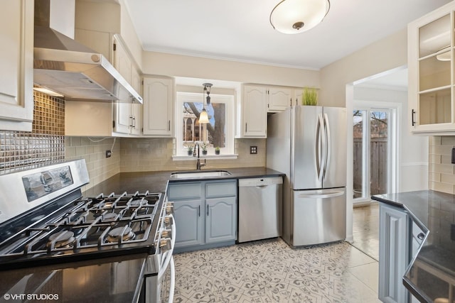 kitchen with wall chimney exhaust hood, stainless steel appliances, sink, and backsplash