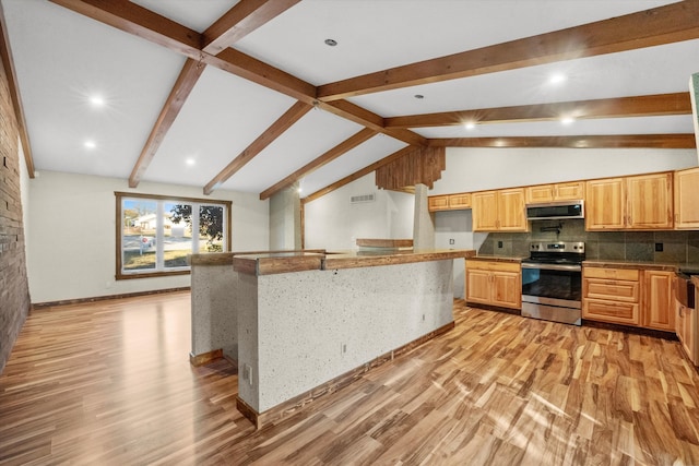 kitchen featuring decorative backsplash, a center island, lofted ceiling with beams, light hardwood / wood-style floors, and electric stove