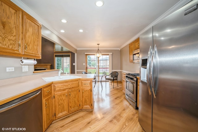 kitchen featuring stainless steel appliances, light hardwood / wood-style floors, sink, ornamental molding, and pendant lighting