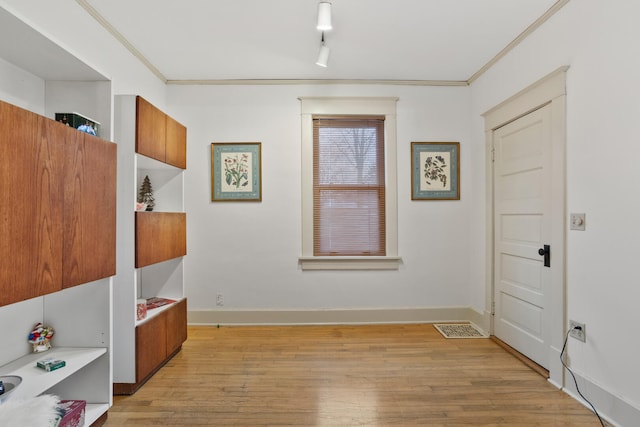 interior space featuring ornamental molding, light hardwood / wood-style flooring, and track lighting