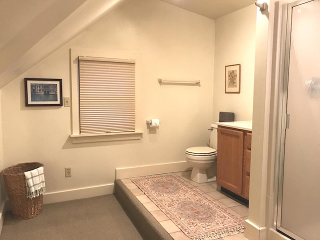 bathroom featuring vaulted ceiling, vanity, an enclosed shower, and toilet