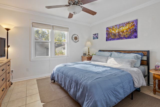 tiled bedroom featuring ornamental molding and ceiling fan