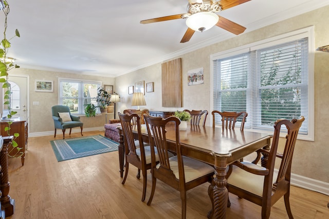 dining area with crown molding, light hardwood / wood-style flooring, and ceiling fan