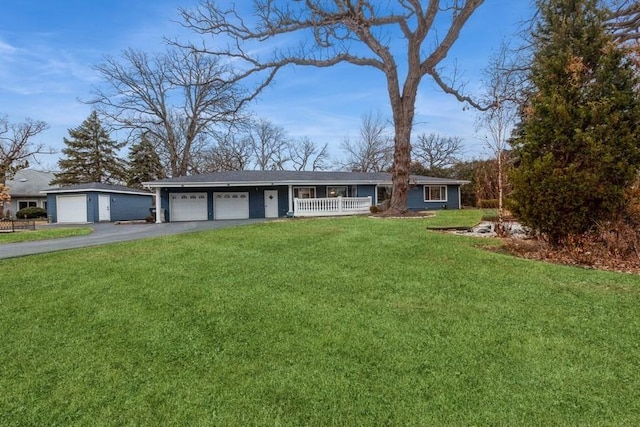 single story home with a porch and a front lawn