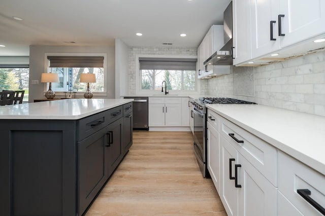 kitchen with sink, white cabinetry, light hardwood / wood-style flooring, appliances with stainless steel finishes, and backsplash