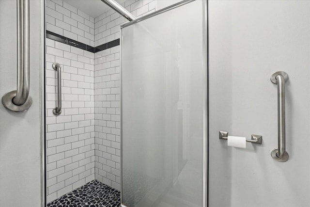 bathroom with a shower with shower door