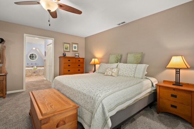 bedroom featuring ceiling fan and carpet floors