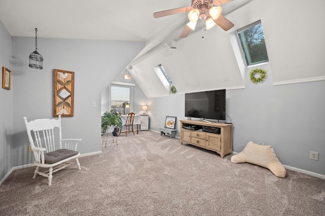 5995 W Clare Rd, Clare, IL 60111 - living area with radiator heating unit, carpet floors, a ceiling fan, and vaulted ceiling