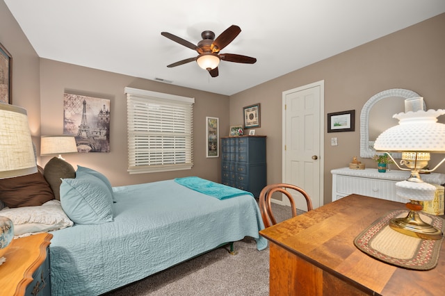 bedroom featuring carpet flooring and ceiling fan