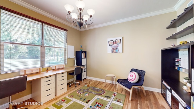 office space featuring a chandelier, crown molding, and light wood-type flooring