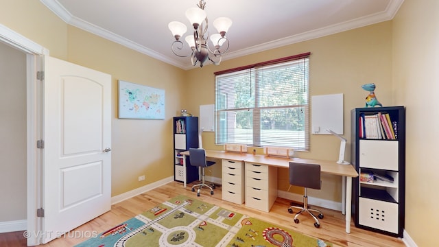 office area featuring a notable chandelier, wood-type flooring, and ornamental molding