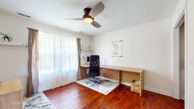 home office featuring ceiling fan and dark hardwood / wood-style floors