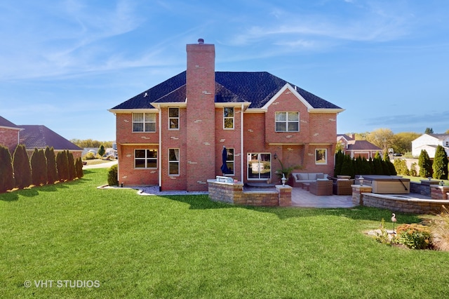 back of property featuring an outdoor hangout area, a yard, and a patio area