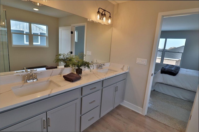 bathroom with vanity and hardwood / wood-style floors