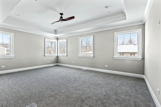 carpeted empty room featuring ornamental molding, a tray ceiling, and plenty of natural light