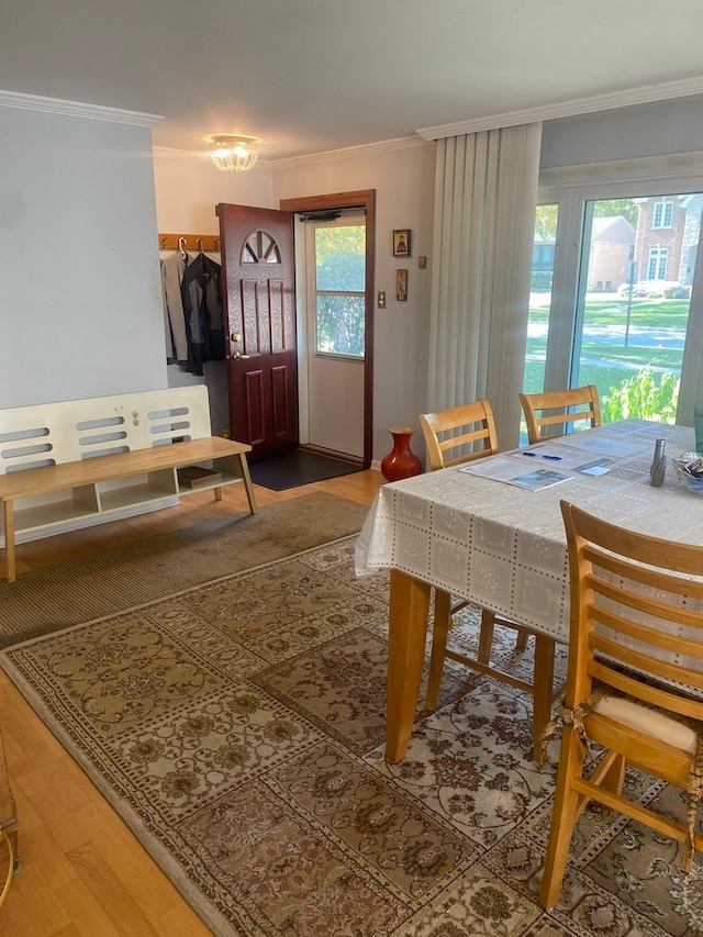 dining space with wood-type flooring and crown molding