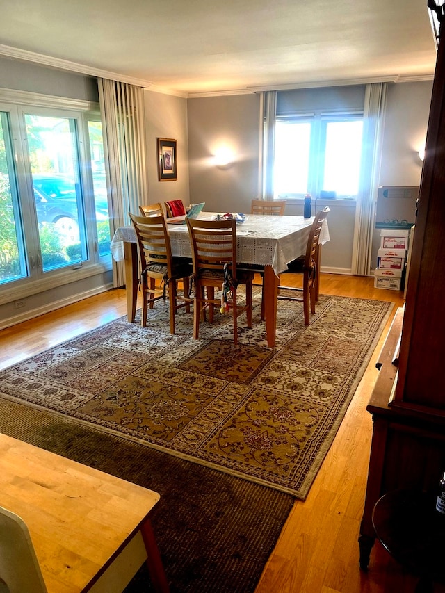 dining room featuring wood-type flooring, crown molding, and plenty of natural light