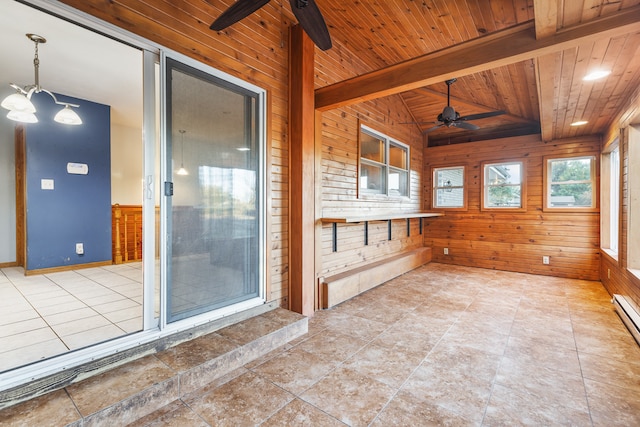 unfurnished sunroom featuring wood ceiling, lofted ceiling with beams, and ceiling fan