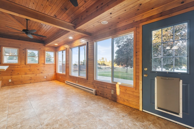 unfurnished sunroom with baseboard heating, ceiling fan, wooden ceiling, and plenty of natural light