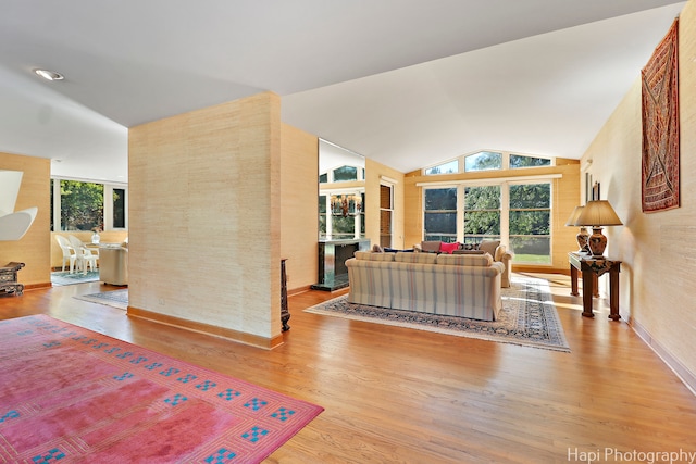 living room featuring hardwood / wood-style floors and vaulted ceiling