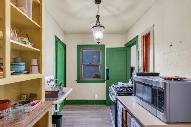 kitchen with light hardwood / wood-style floors, stainless steel appliances, and pendant lighting