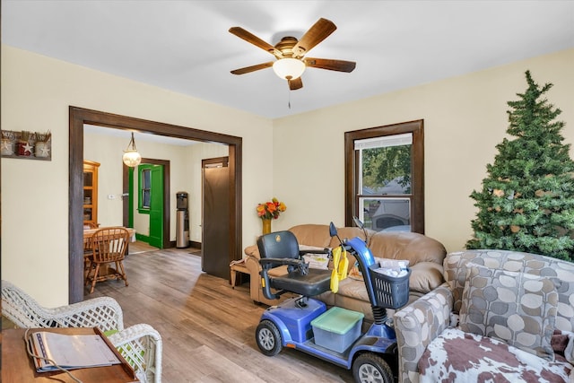 living room featuring ceiling fan and light wood-type flooring