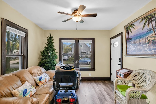 living area featuring hardwood / wood-style flooring and ceiling fan