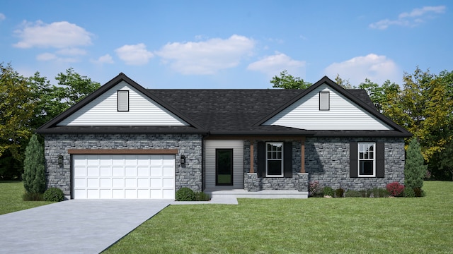 view of front of home with a front yard and a garage