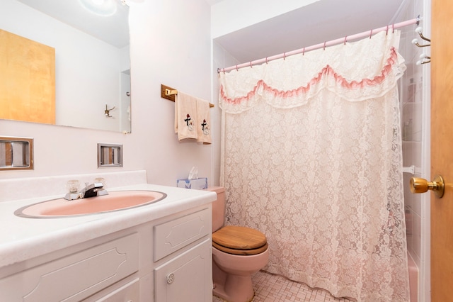 full bathroom with vanity, toilet, shower / bathtub combination with curtain, and tile patterned flooring