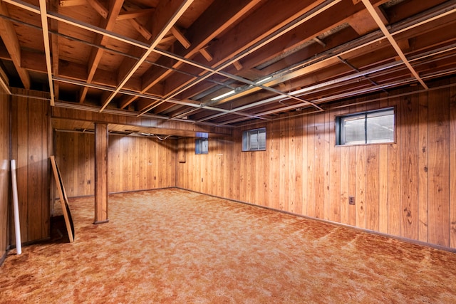 basement with carpet flooring and wooden walls