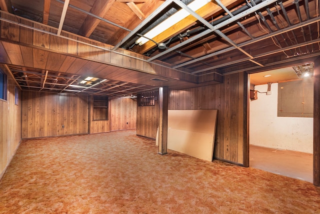 basement with wooden walls and carpet